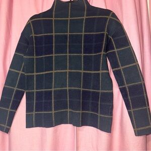 Tahari Navy and Olive Windowpane Turtleneck Sweater